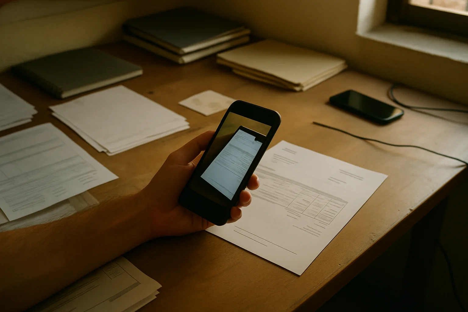 A contract held flat on a kitchen table, phone overhead